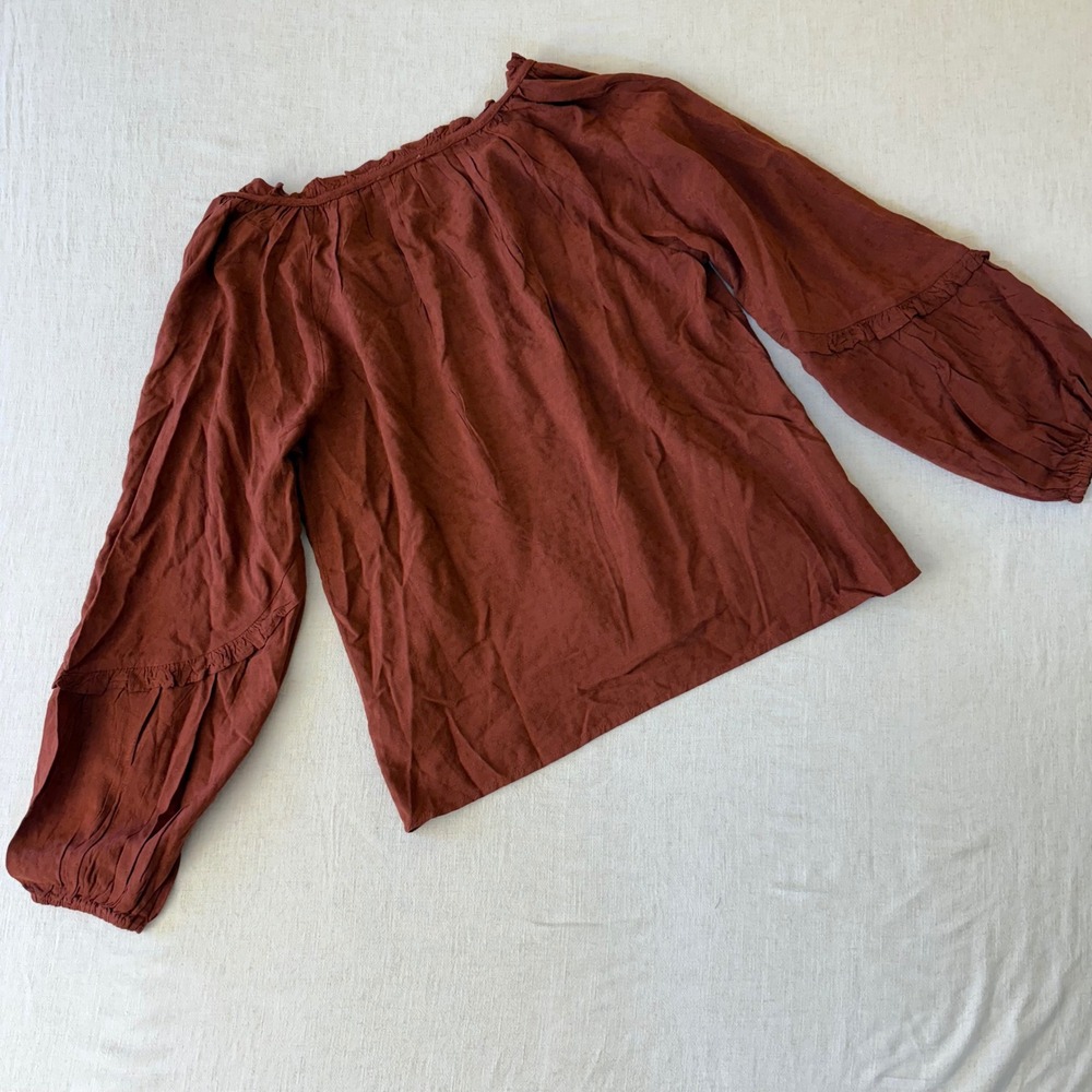 Knox Rose Rust Brown Clip Dot Peasant Blouse Tassel Tie Balloon Sleeve NWT XS - Picture 4 of 13